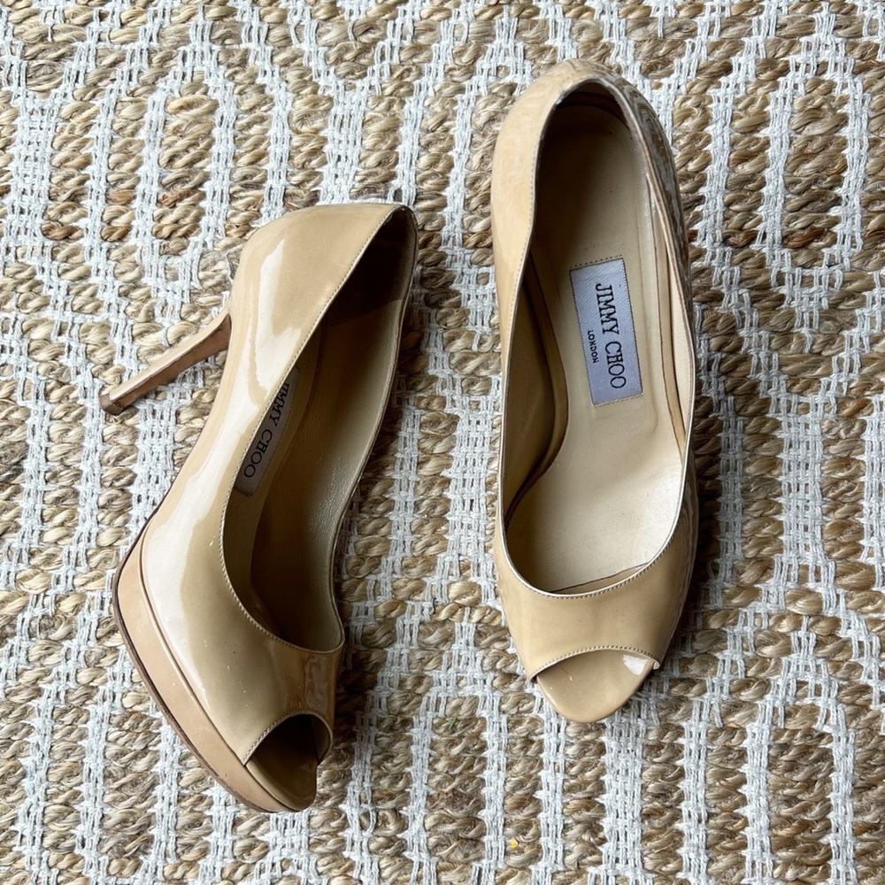 Jimmy Choo Patent Leather Peep Toe Pump 3 7/8” Heel Tan Size 37 1/2